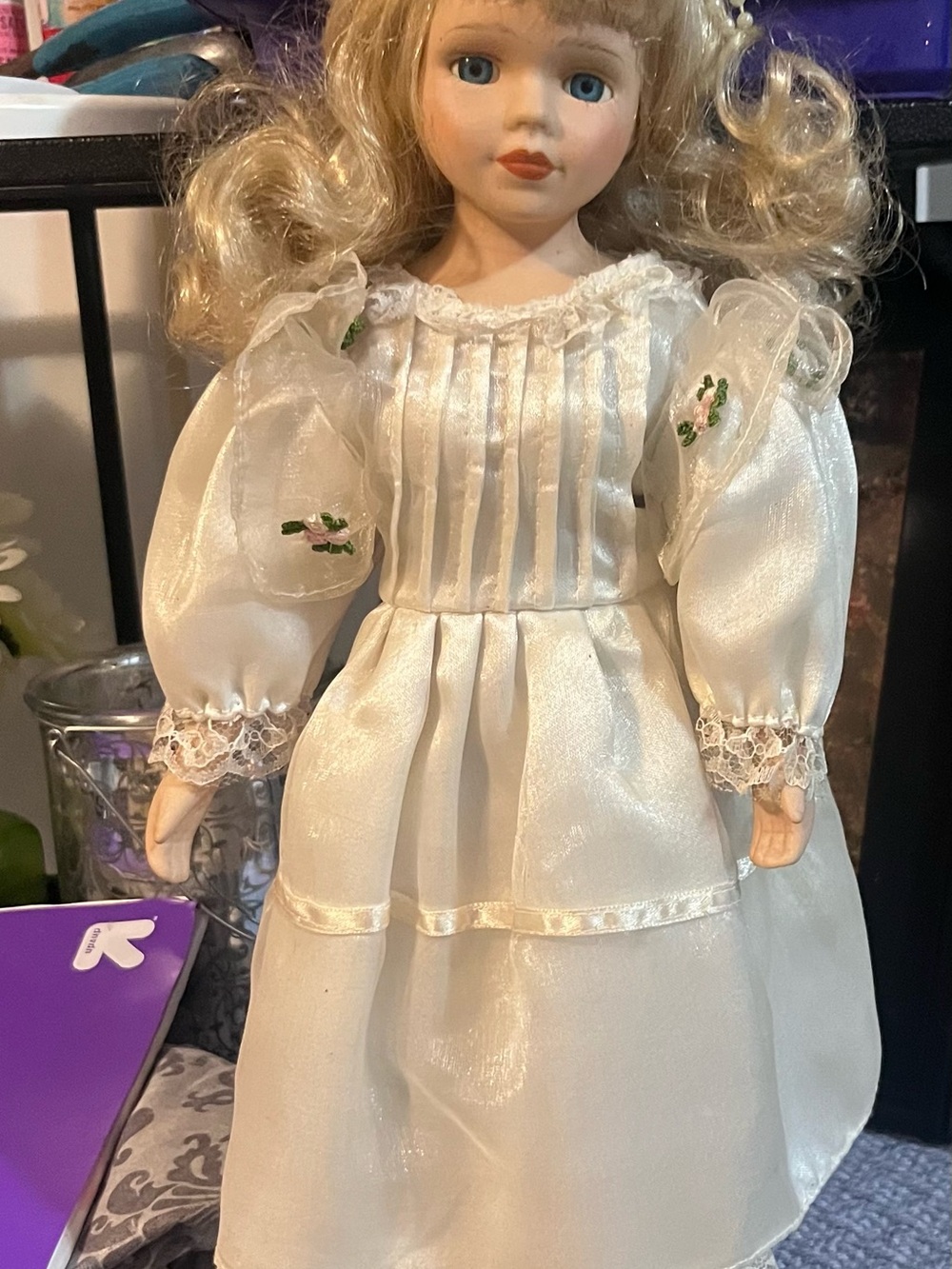 Vintage Porcelain Doll W/ Blond Hair, Blue Eyes, Satin Dress W/ Lace Trim
